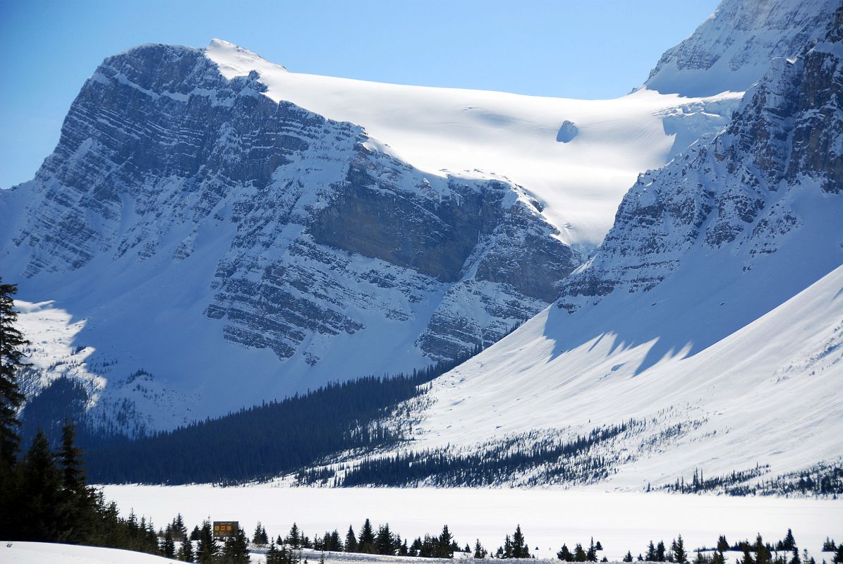 49 Frozen Bow Lake, BowCrow Peak, Crowfoot Mountain and Glacier From Just After Num-Ti-Jah Lodge On Icefields Parkway